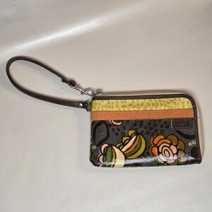 Fossil Small Multicolor Floral Canvas Leather Trim Wristlet Pouch Wallet